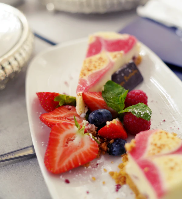Blush pink mirror glaze torte decorated with fresh raspberries and gold leaf